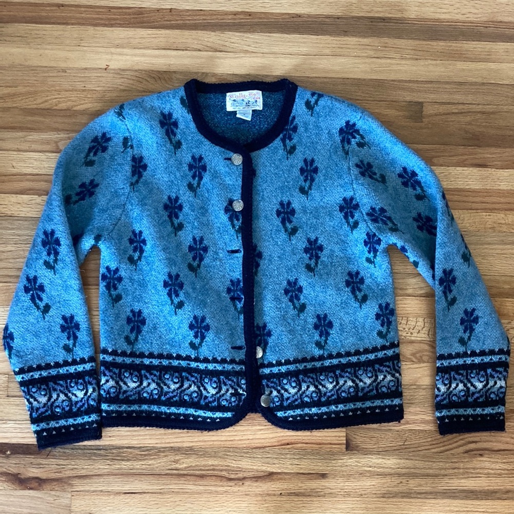 Vintage Women’s Tally Ho Button Up Blue Floral Cardigan Sweater Medium 100% Wool